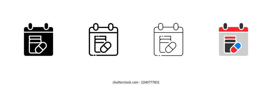 Course of treatment flat icons set. Calendar, term, treatment, medicines, doctor, prescription, referral, certificate, immunity, hospital, patient. Health concept. Vector flat icons set 