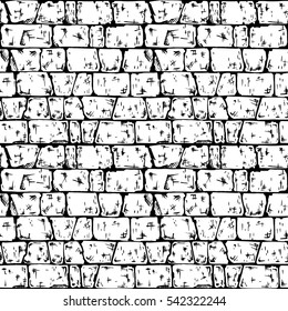 Coursed ashlar. Seamless black and white pattern of grunge stone wall. Vector illustration texture in ink hand drawn style.