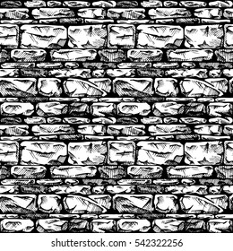 Coursed ashlar. Seamless black and white pattern of grunge stone wall. Vector illustration texture in ink hand drawn style.