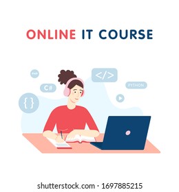 IT courses, distance education, training and courses, design concept. Female student studies programming online with her laptop at home. Vector flat cartoon illustration