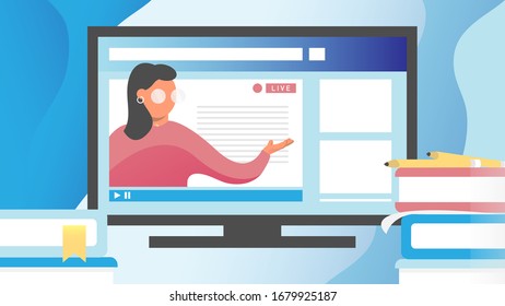 Courses and distance learning. Lessons, online exams and graduation from home. Teaching live online, vector illustration. Webinar, university, quarantine, work from home concept