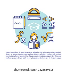 Courses, lessons in algebra article page vector template. Brochure, magazine, booklet design element with linear icons and text boxes. Print design. Concept illustrations with text space