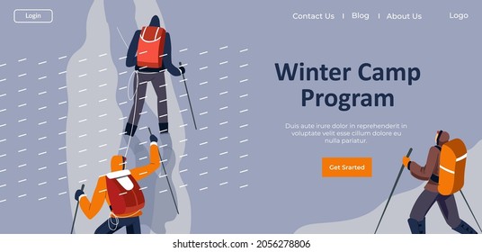 Courses or lessons, program on winter camping and outdoors activities in cold season. People with backpacks climbing hiking. Website or landing page, internet site template, vector in flat style