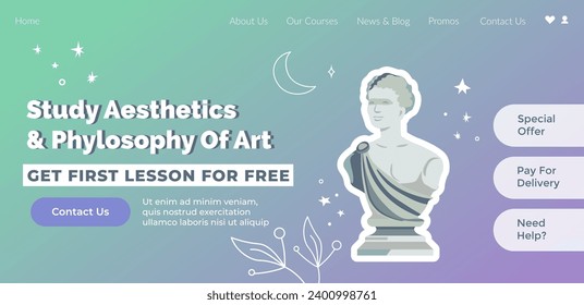 Courses and lessons for students to learn about aesthetics and philosophy of art. Get to know more about busts and sculpture. Website landing page, internet site template. Vector in flat style