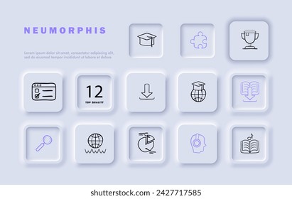 Courses line icon set. Online learning, e-learning, education, graduation hat, magnifying glass, audiobook, pie chart, website. Neomorphism style. Vector line icon for business and advertising