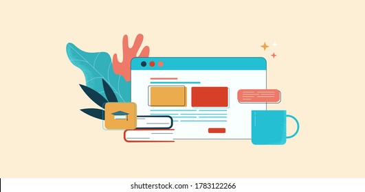 Courses online illustration. Learning web based at distance electronic technologies communication knowledge webinars with study of new applications abstract vector modern flat universities.