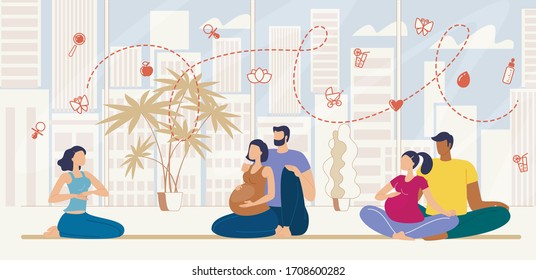 Courses for Pregnant Women Flat Vector Concept with Waiting Childbirth Multinational Couples Sitting Together on Floor During Seminar in Training Center, Listening Lecturer Explanations Illustration