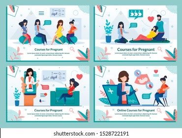 Courses For Pregnant Women, Maternity Classes, Fitness Aerobic Club, Training Lessons For Young Family Waiting Childbirth. Online Tutorials App. Advertising Banner Flat Set. Vector Illustration