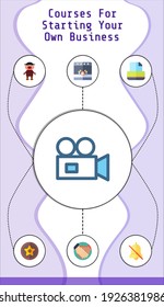 courses for starting your own business editable infographic template with icons of characters, handshake, hollywood, stage, printer, alarm, video camera