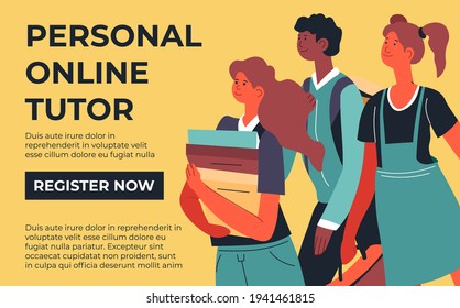 Courses For Students And Adults, Personal Tutor. Register Or Enroll Via Webpage. Obtaining Knowledge And New Skills From Home. Website Banner Or Online Page In Internet. Vector In Flat Style