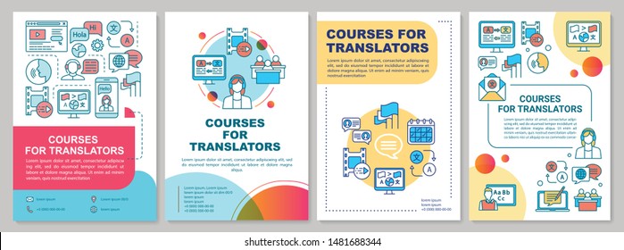 Courses for translators brochure template layout. Interpretation. Flyer, booklet, leaflet print design with linear illustrations. Vector page layouts for magazines, annual reports, advertising posters