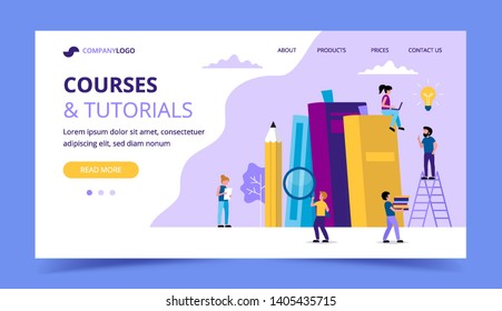 Courses and tutorials, learning landing page with books, pencil, small people characters doing various tasks. Vector illustration in flat style