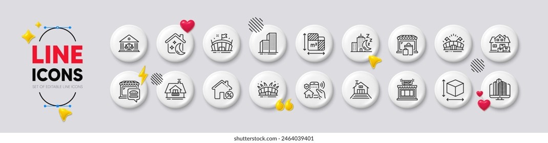 Court building, Balcony and Skyscraper buildings line icons. White buttons 3d icons. Pack of Shop, Sleep, Sports arena icon. Loan house, Food market, Market pictogram. Vector