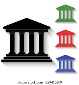 court building icon - black and colored (green, red, blue) illustration with shadow