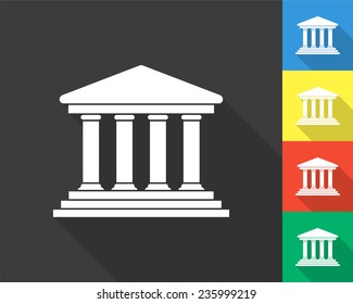 court building icon - gray and colored (blue, yellow, red, green) vector illustration with long shadow