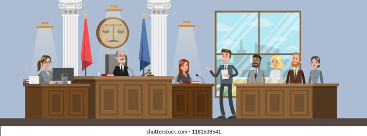 Court building interior with courtroom. Trial process. Lawyer or attorney giving a speech to a judge. Vector flat illustration