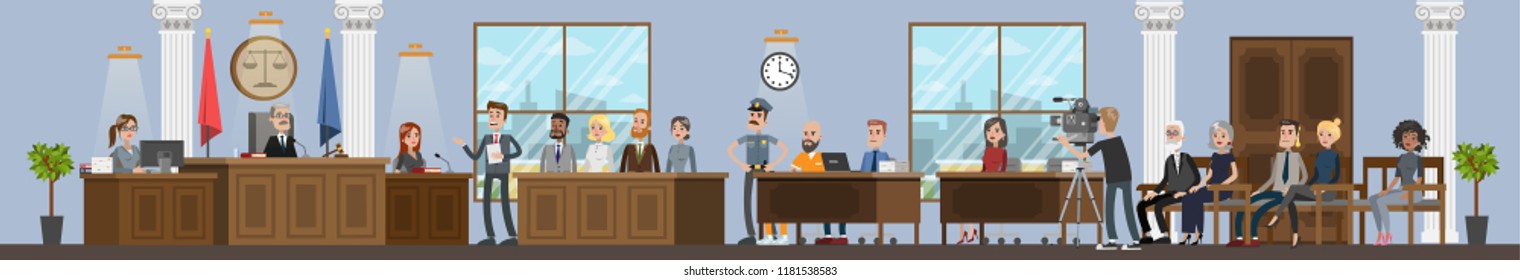 Court building interior with courtroom. Trial process with judge, jury and suspect. Lawyer or attorney giving a speech. Vector flat illustration