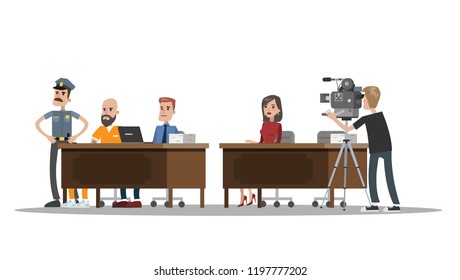 Court building interior with courtroom. Trial process with jury and suspect in robe. Police officer standing at prisoner. Idea of justice. Vector flat illustration