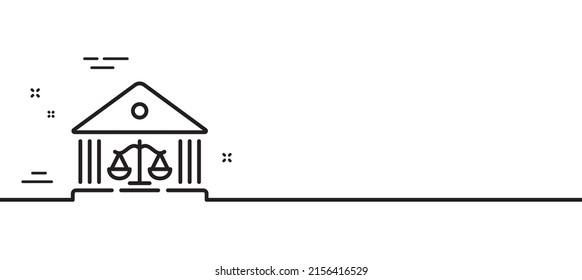 Court Building Line Icon. Justice Scale Sign. Judgement Law Symbol. Minimal Line Illustration Background. Court Building Line Icon Pattern Banner. White Web Template Concept. Vector