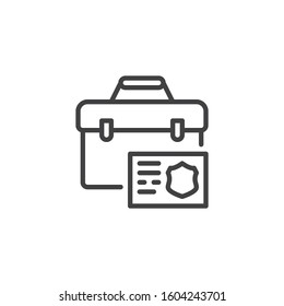 A court case line icon. linear style sign for mobile concept and web design. Briefcase and police badge outline vector icon. Law and Justice symbol, logo illustration. Vector graphics
