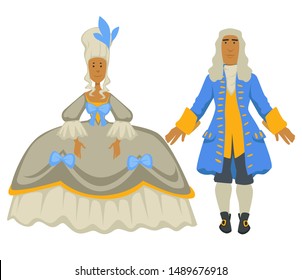 Court dame and cavalier, Rococo style, man in wig and stocking, woman in ball gown with corset vector. Ancient fashion, couple in vintage outfits. Clothes, dress and jacket, royal reception look