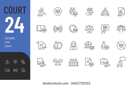 
Court Editable Icons set. Vector illustration in modern thin line style of law related icons: Lawyer, judge, justice, and more. Pictograms and infographics for mobile apps.