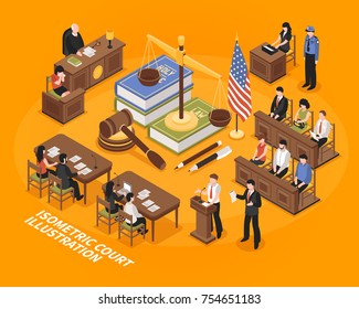 Court Hearing Isometric Vector Illustration With American Flag Justice Symbols Jury Court Victim Advocate Witness Prosecutor Characters  