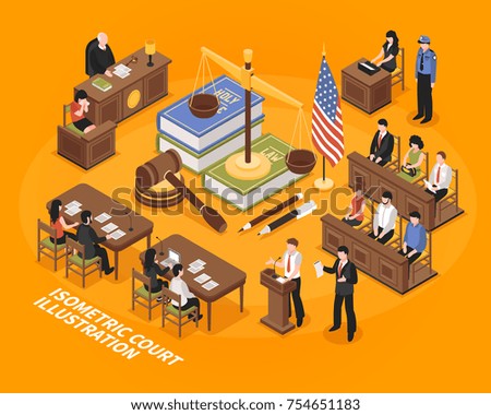 Court hearing isometric vector illustration with american flag justice symbols jury court victim advocate witness prosecutor characters  
