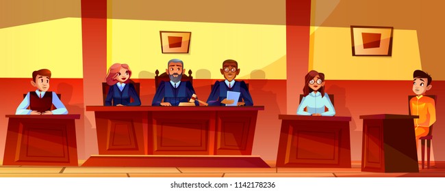 Court hearing vector illustration of courtroom interior background. Judges, prosecutor or advocate man, legal secretary woman and accused or defendant sitting at judge table