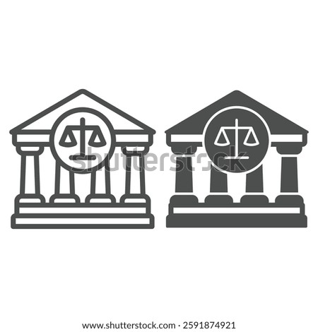 Court house with scales line and solid icon, jurisprudence concept. Vector graphics. Bank building and weight scales, libra sign on white background, outline style icon for mobile or web design
