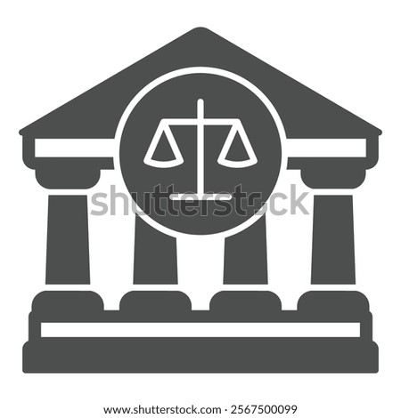 Court house with scales solid icon, jurisprudence concept. Vector graphics. Bank building and weight scales, libra sign on white background, glyph style icon for mobile or web design