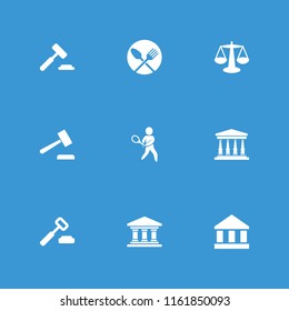 Court icon. collection of 9 court filled icons such as auction hummer, scales, tennis playing, bank. editable court icons for web and mobile.