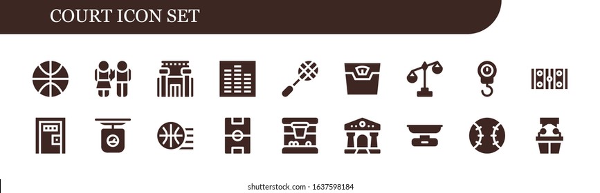 court icon set. 18 filled court icons. Included Basketball, Equality, Prison, Equalizer, Racket, Scale, Hockey pitch, Death penalty, Football field, Courthouse, Tennis, Witness icons