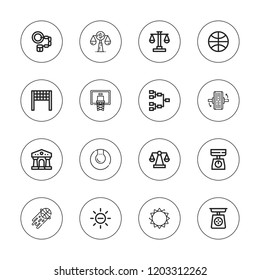 Court icon set. collection of 16 outline court icons with balancing, basketball, courthouse, handcuffs, law, playoff, scale, white balance, tennis icons.