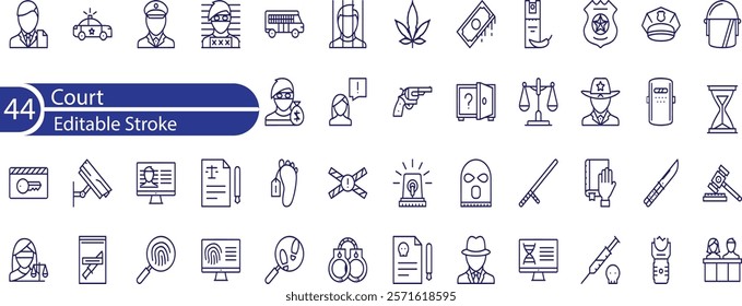 Court icon set. Containing justice law, court legal, lawyer, judgment, authority, criminal and prison icons. Vector illustration.