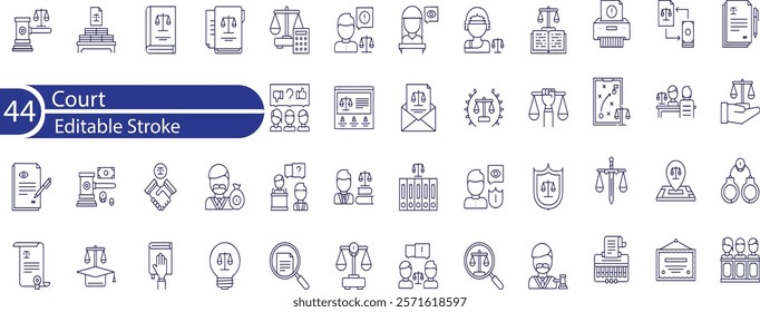 Court icon set. Containing justice law, court legal, lawyer, judgment, authority, criminal and prison icons. Vector illustration.