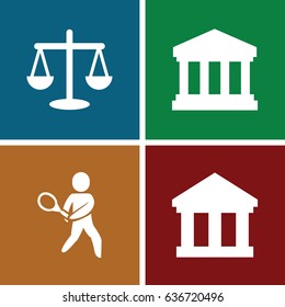 Court icons set. set of 4 court filled icons such as court building, tennis playing, bank