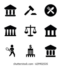 Court icons set. set of 9 court filled icons such as court, spoon and fork, bank, tennis playing, auction hummer