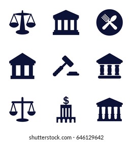 Court icons set. set of 9 court filled icons such as spoon and fork, bank, scales