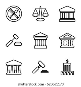 Court icons set. set of 9 court outline icons such as spoon and fork, bank, auction hummer