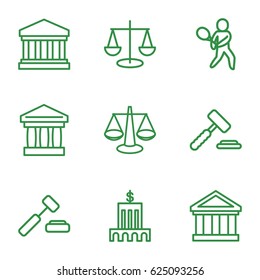 Court icons set. set of 9 court outline icons such as court building, tennis playing, auction hammer, scales