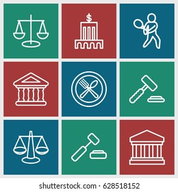 Court icons set. set of 9 court outline icons such as spoon and fork, bank, court building, tennis playing, auction hummer