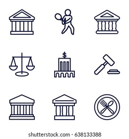 Court icons set. set of 9 court outline icons such as spoon and fork, bank, court building, tennis playing, auction hummer