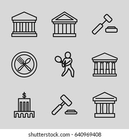 Court icons set. set of 9 court outline icons such as spoon and fork, tennis playing, auction hummer