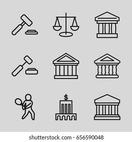 Court icons set. set of 9 court outline icons such as bank, court building, tennis playing, auction hummer