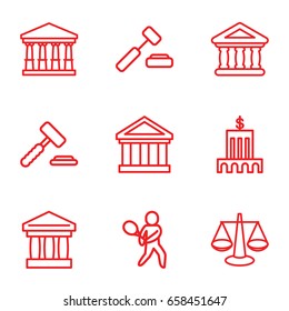 Court icons set. set of 9 court outline icons such as court, bank, tennis playing, auction hummer