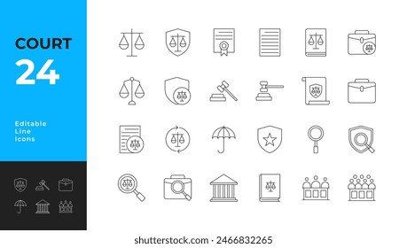 Iconos de corte establecidos. Conteniendo abogado, juez, justicia y más. Colección de iconos finos. Ilustración vectorial.