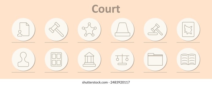 Court icons set. Document, gavel, balance, courthouse, sheriff badge, law book, scale, stamp, folder. Line icons on beige background