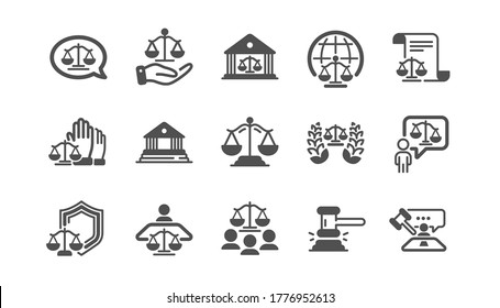 Court icons set. Lawyer, Scales of Justice and Judge. Hammer, Law and Petition document set icons. Judgment, justice, court injunction. Gavel judge hammer, rulings, presiding officer. Vector