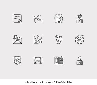 Court icons set. Police and court icons with stamp, write and cowboy. Set of pay for web app logo UI design.